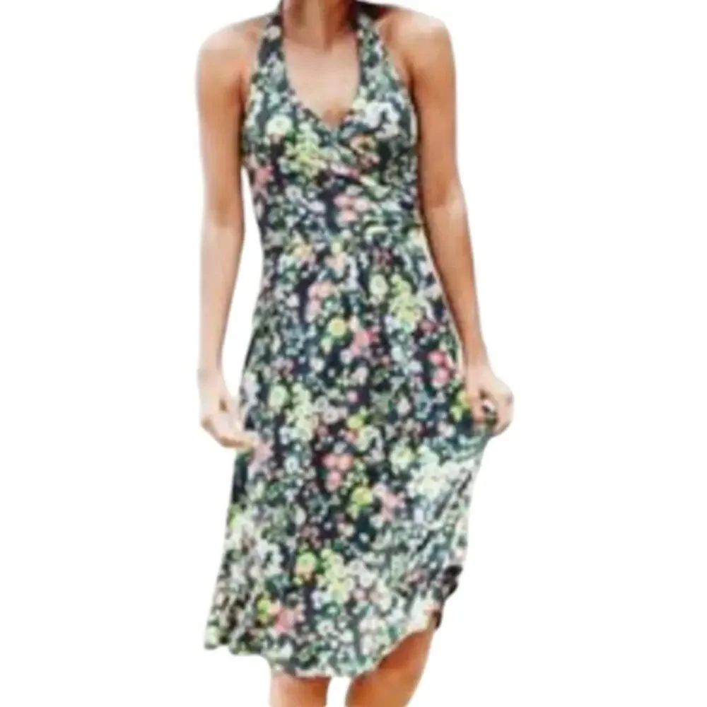 BODEN Women's St. Lucia‎ Halter Dress US Sz 6 Grey Floral Chartreuse Multicolor